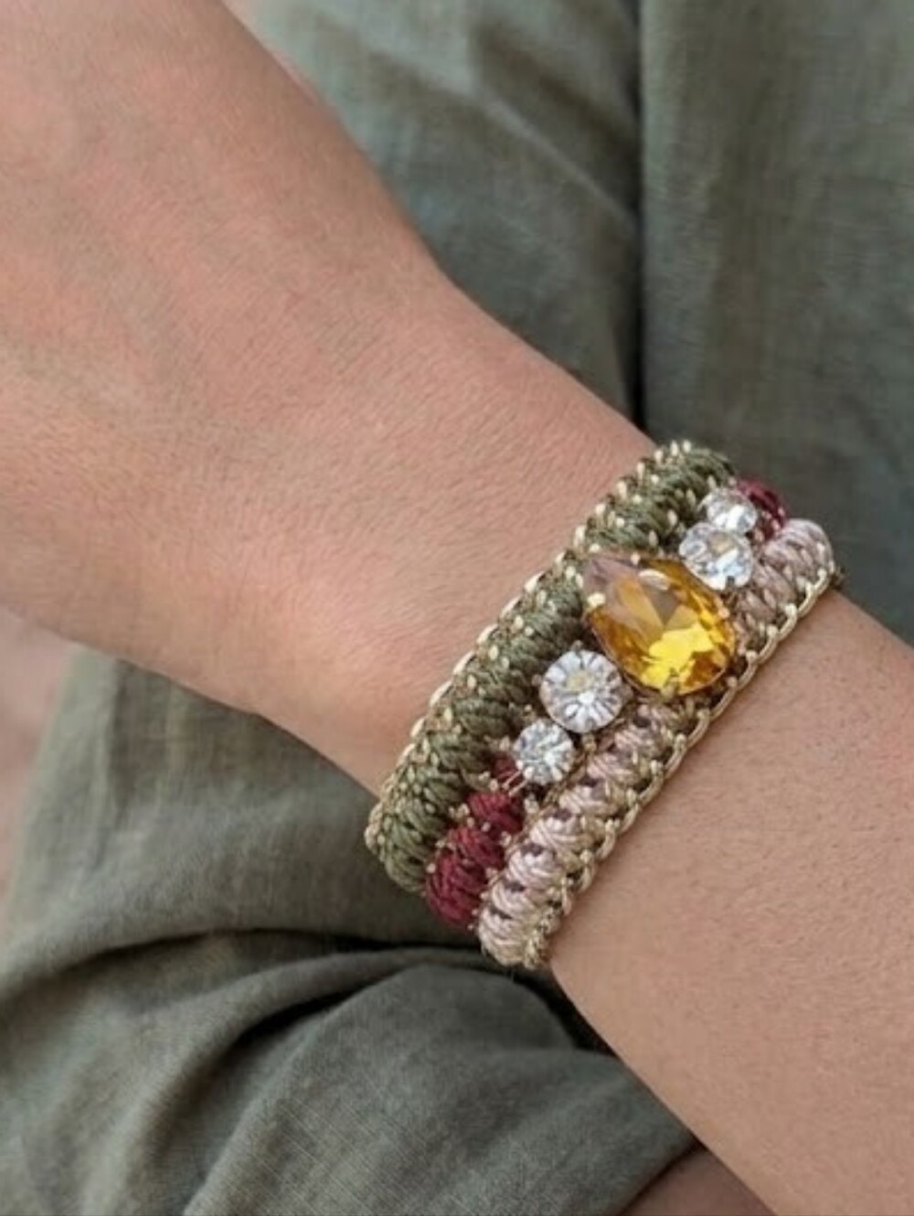 Boho Glam Crystal & Woven Statement Bracelet NWT